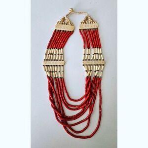 Multi-Strand Bone‎ Necklace - Hand-Etched Tribal Boho Statement Jewelry Vintage